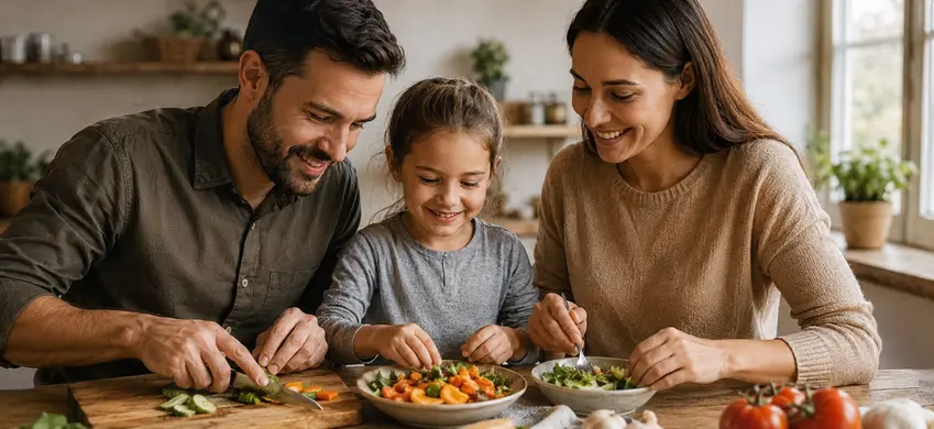 Familia preparando una comida en casa